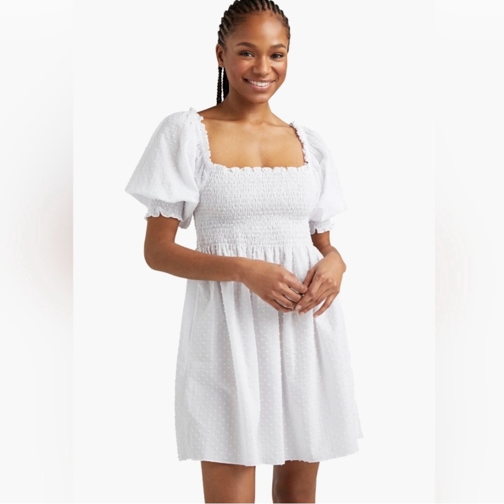 Hill House White Swiss Dot Smocked Mini Dress